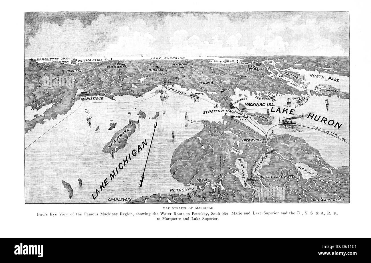 Foto von „A Lake Tour to malerisch Mackinac“ (1890) mit Blick auf den Huron-See und den Michigan-See. Dieses Bild zeigt die malerische Schönheit von Mackinac Island und seinen umliegenden Seen, ein beliebtes Reiseziel im späten 19. Jahrhundert. Stockfoto