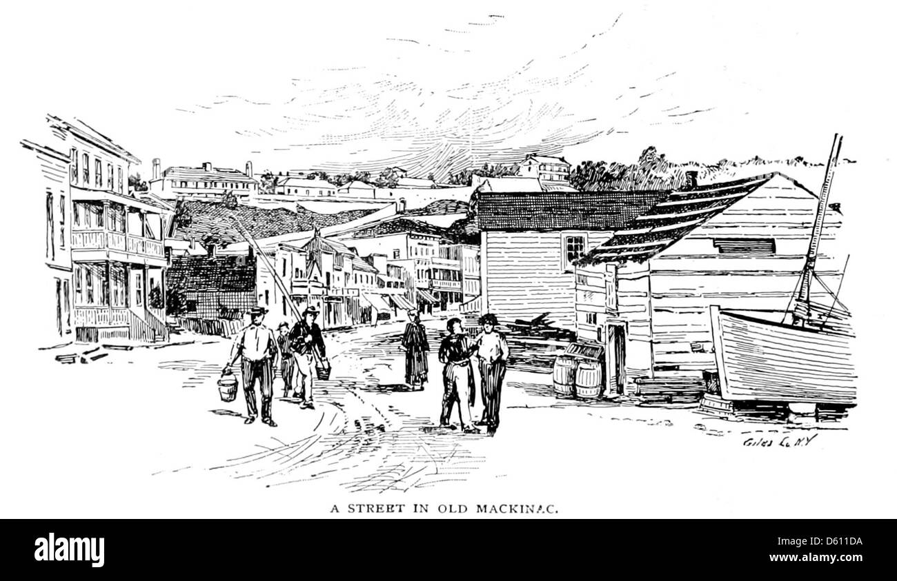 Ein Foto aus dem Jahr 1890 von einer Seetour nach Mackinac Island, mit der malerischen Route über das D. & C (Detroit & Cleveland) Dampfschiff. Das Bild hebt wahrscheinlich die natürliche Schönheit des Sees und die malerische Aussicht auf dem Weg hervor. Stockfoto