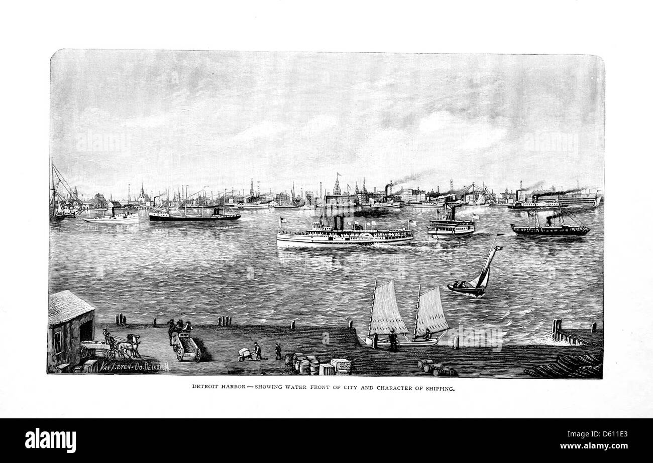 Ein Foto aus dem Jahr 1890 von einer Seetour nach Mackinac Island, das die Abfahrt vom Hafen von Detroit hervorhebt. Das Bild fängt die malerische Schönheit des Hafens und die Fahrt zur Insel mit dem Dämpfungsschiff D. & C (Detroit & Cleveland) ein. Stockfoto