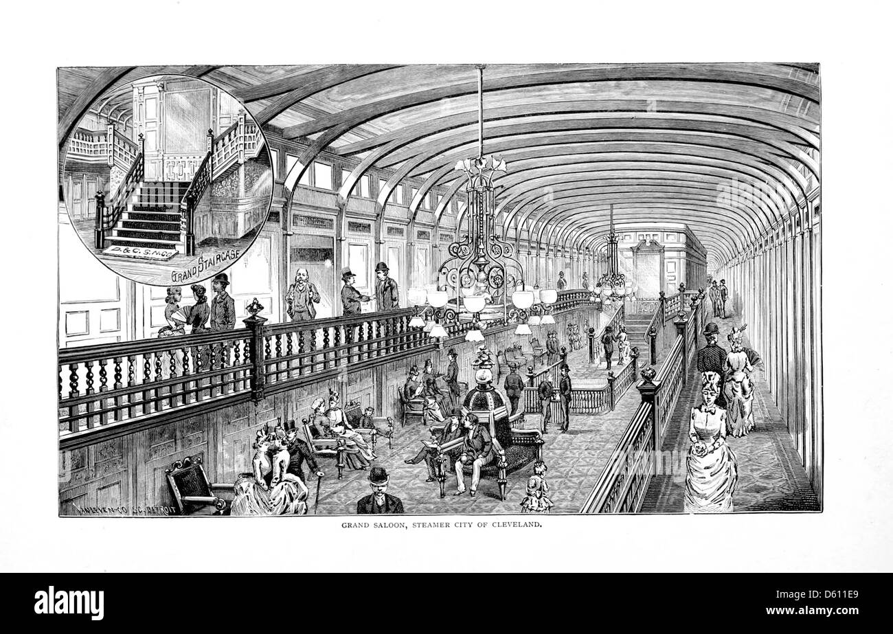 Dieses Bild zeigt wahrscheinlich ein historisches Foto oder eine Werbung für eine Seetour zur Insel Mackinac im Jahr 1890 mit dem Grand Saloon-Dampfer, der für den Personenverkehr verwendet wurde. Stockfoto