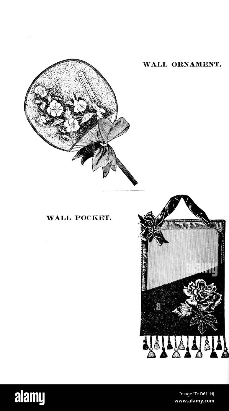 Dieses Bild zeigt ein Stickmuster aus einem Buch aus dem Jahr 1886, das der Kunst der Seidenstickerei gewidmet ist. Es bietet detaillierte Entwürfe für Wandschmuck wie Wandtaschen, die die komplizierte Kunst der Handarbeit und dekorativen Gestaltung aus dem späten 19. Jahrhundert zeigen. Stockfoto