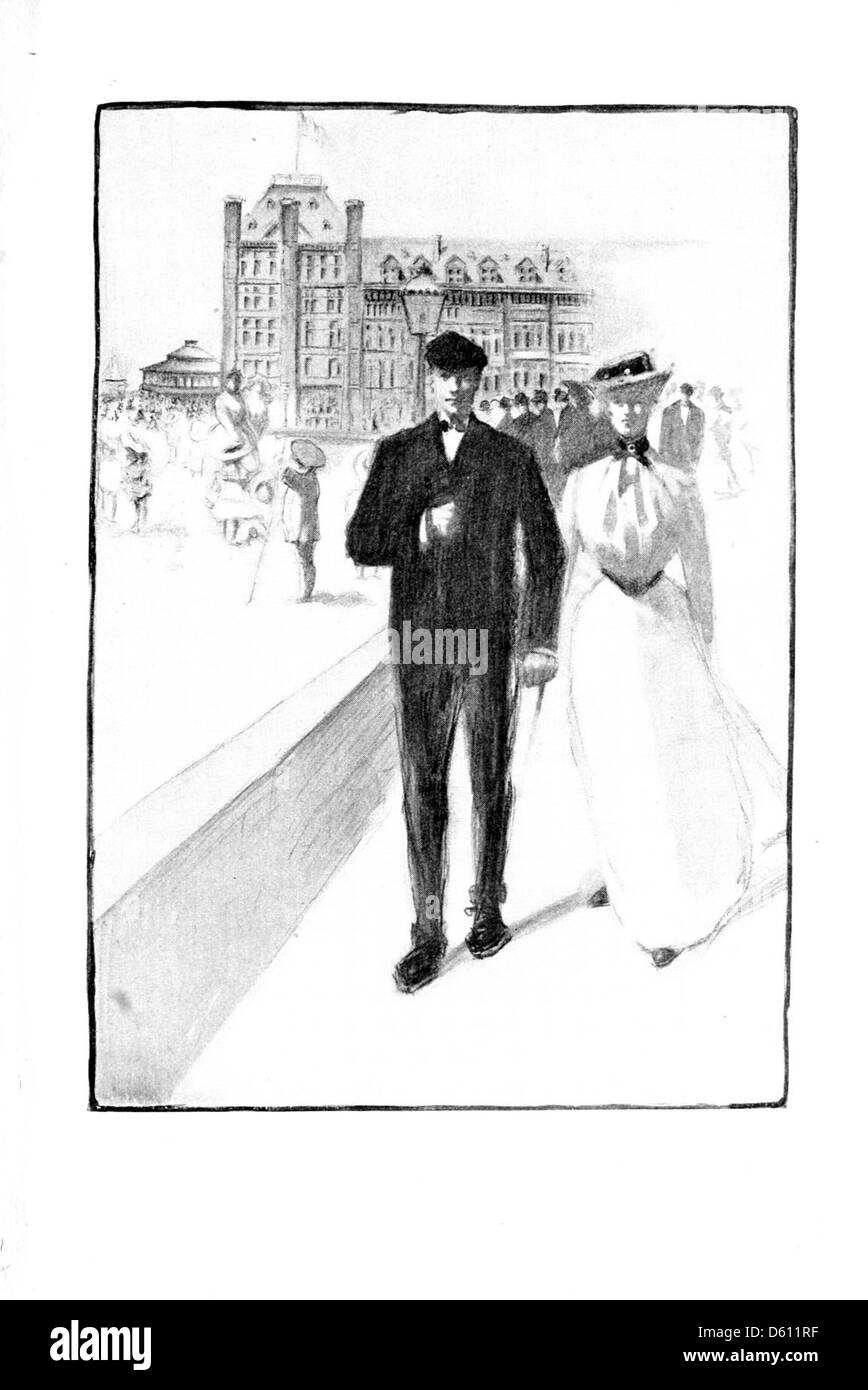 Dieses Bild aus dem Jahr 1902 zeigt eine malerische Promenade entlang der Küste, die die Ruhe und landschaftliche Schönheit der Küstenregion widerspiegelt, die wahrscheinlich ein beliebtes Ziel für gemütliche Spaziergänge und gesellige Zusammenkünfte ist. Stockfoto