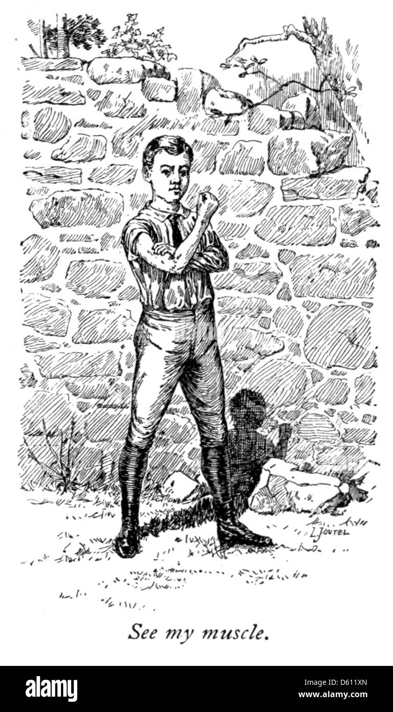 Ein Gesundheitsleitfaden für Kinder um 1890, der sich auf die Muskelentwicklung und die Bedeutung von Bewegung konzentriert, mit einer Illustration einer Steinmauer, die körperliche Kraft und Belastbarkeit symbolisiert. Stockfoto