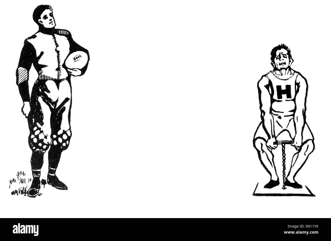 Dieses Bild aus dem Jahr 1902 zeigt das Harvard-Alphabet, das wahrscheinlich Studenten und ihre Beteiligung am Fußball darstellt und einen Moment aus dem frühen 20. Jahrhundert an der renommierten Universität festnimmt. Stockfoto