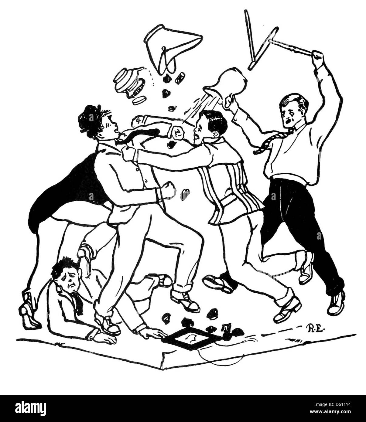 Dieses Bild stellt eine Seite aus dem Buch „A Harvard Alphabet“ (1902) dar, die verschiedene Aspekte des Studierendenlebens an der Harvard University veranschaulicht. Das Alphabet-Format hebt Aktivitäten und Elemente des Campuslebens hervor, darunter Interaktionen mit Schülern, akademische Aktivitäten und Schultraditionen. Stockfoto