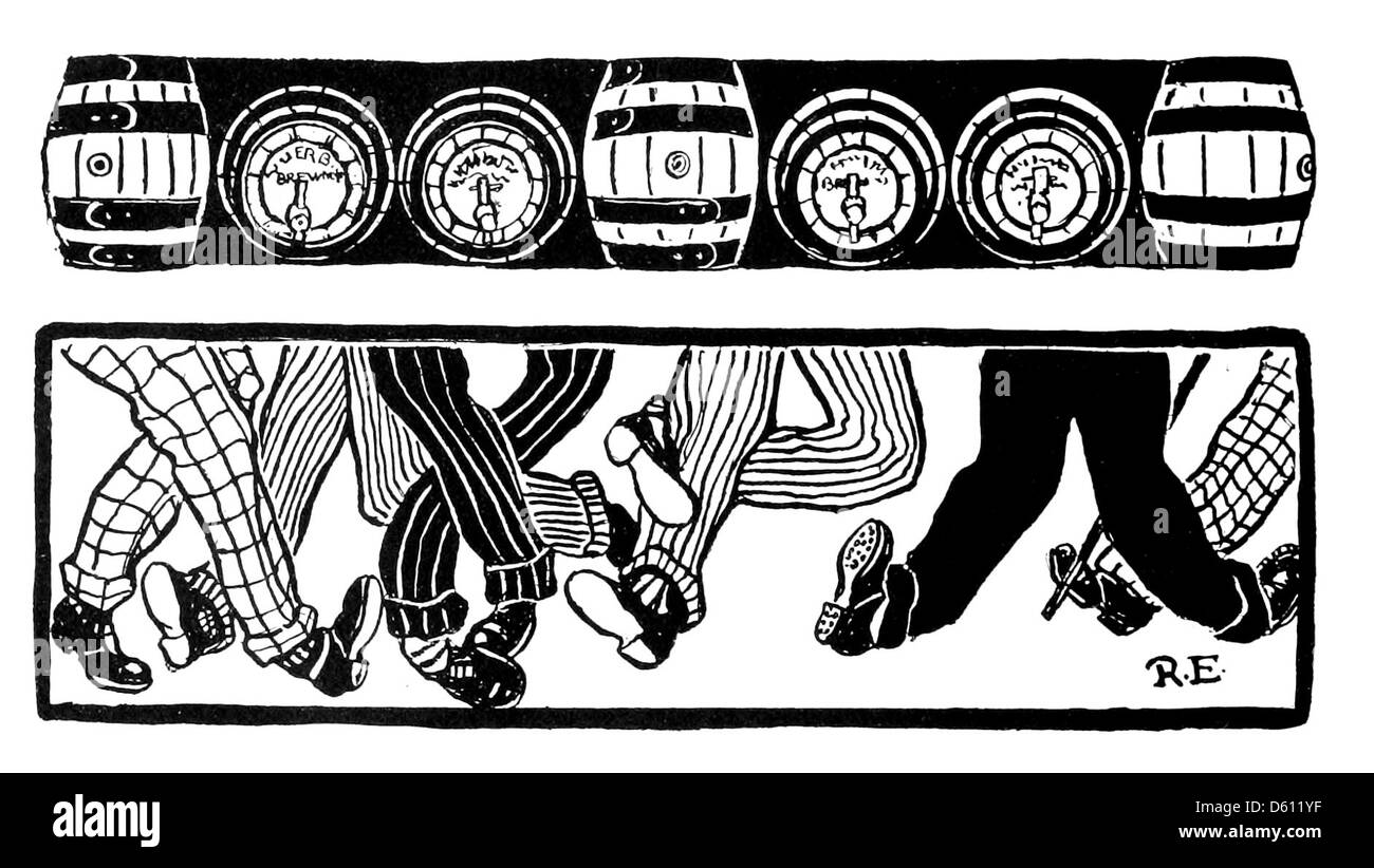 Diese Illustration aus dem Jahr 1902 stellt Studenten der Harvard University humorvoll dar und zeigt sie in einem unbeschwerten Zustand des Betrunkens. Es verfügt über Fässer und Fässer, die sie spielerisch mit dem College-Erlebnis der damaligen Zeit verbinden. Stockfoto