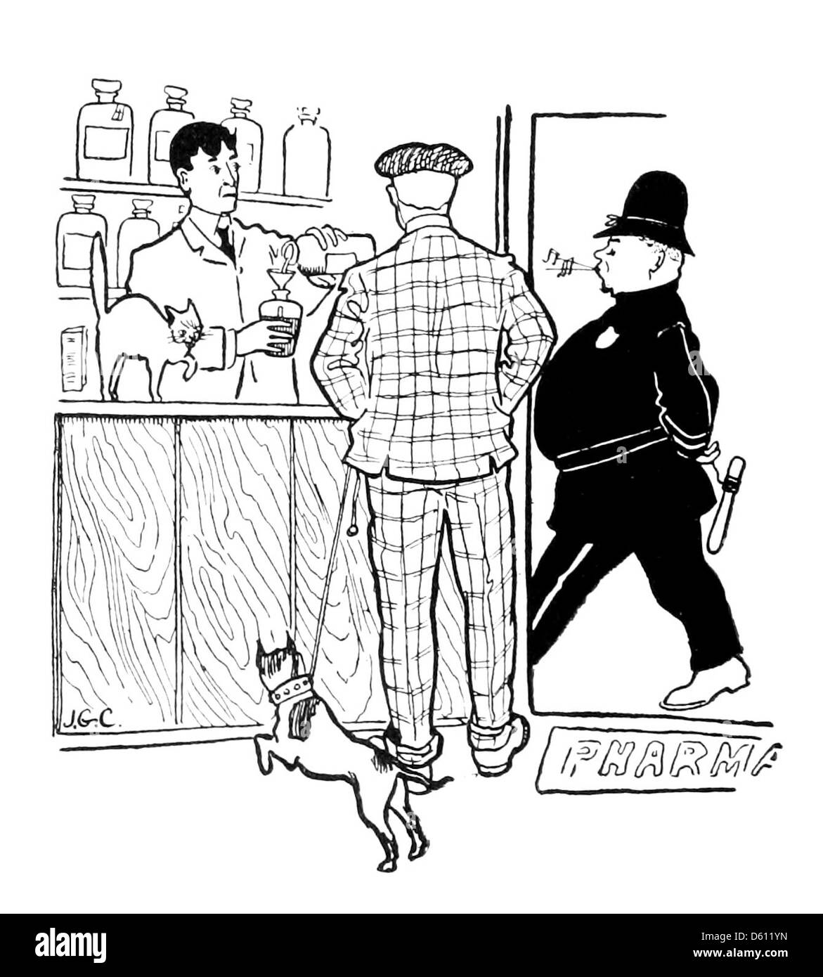 Diese 1902 erschienene Publikation präsentiert ein kreatives Alphabet mit Themen und Bildern, die mit der Harvard University, ihren Studenten und dem Bereich der Pharmazie zusammenhängen und das College-Leben und akademische Bestrebungen widerspiegeln. Stockfoto