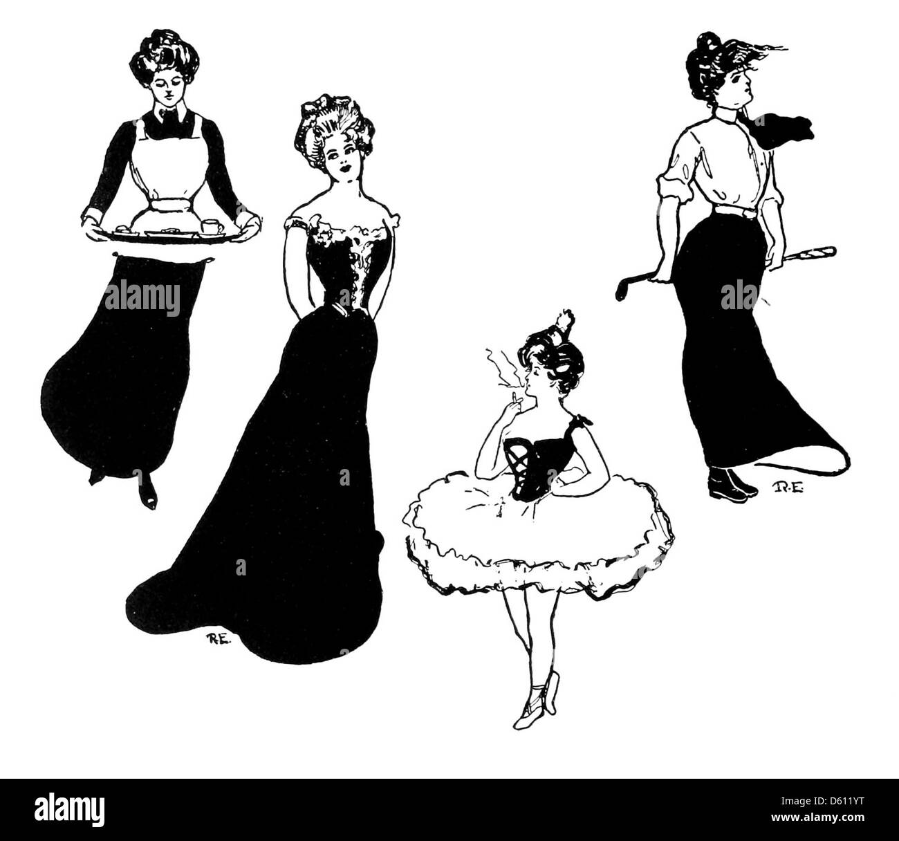 Eine Illustration aus *A Harvard Alphabet* (1902), die Studenten verschiedener Aktivitäten, wie Ballerina, Golf und High Society Events in Harvard, zeigt. Das Bild erfasst das soziale Leben und die außerschulischen Aktivitäten der Harvard-Studenten während des frühen 20. Jahrhunderts. Stockfoto