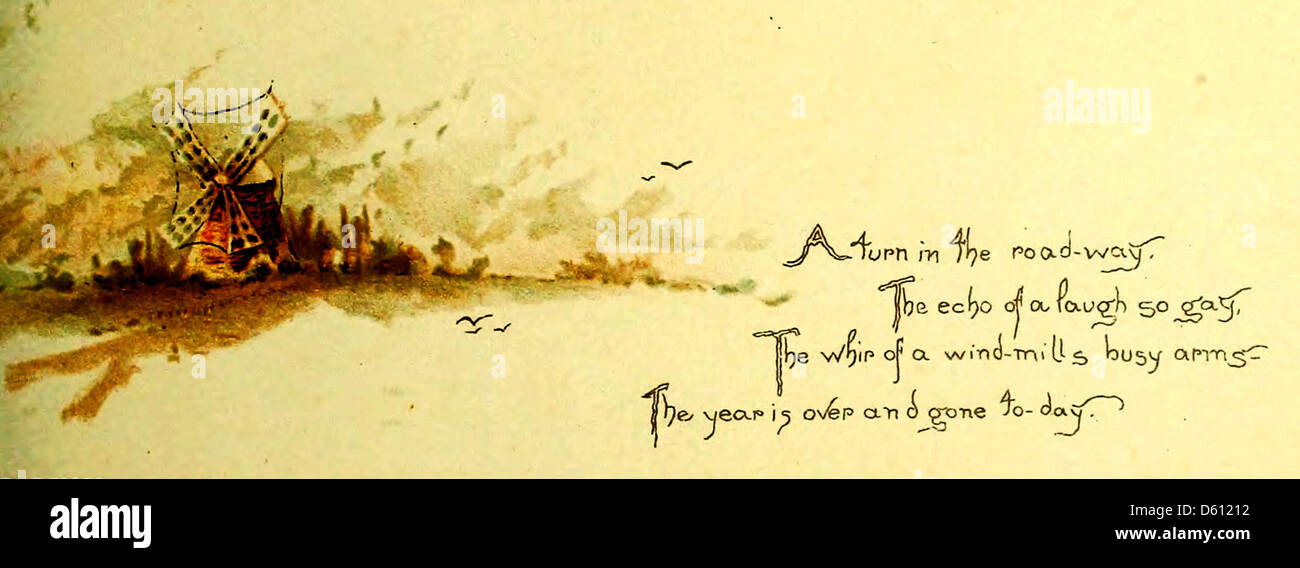 Dieses Bild aus dem Jahr 1888 zeigt eine festliche Szene mit einer Windmühle, die die feierliche Stimmung des Neujahrs festlich festmacht. Die Windmühle symbolisiert oft das ländliche Leben und traditionelle Feste in Europa. Stockfoto