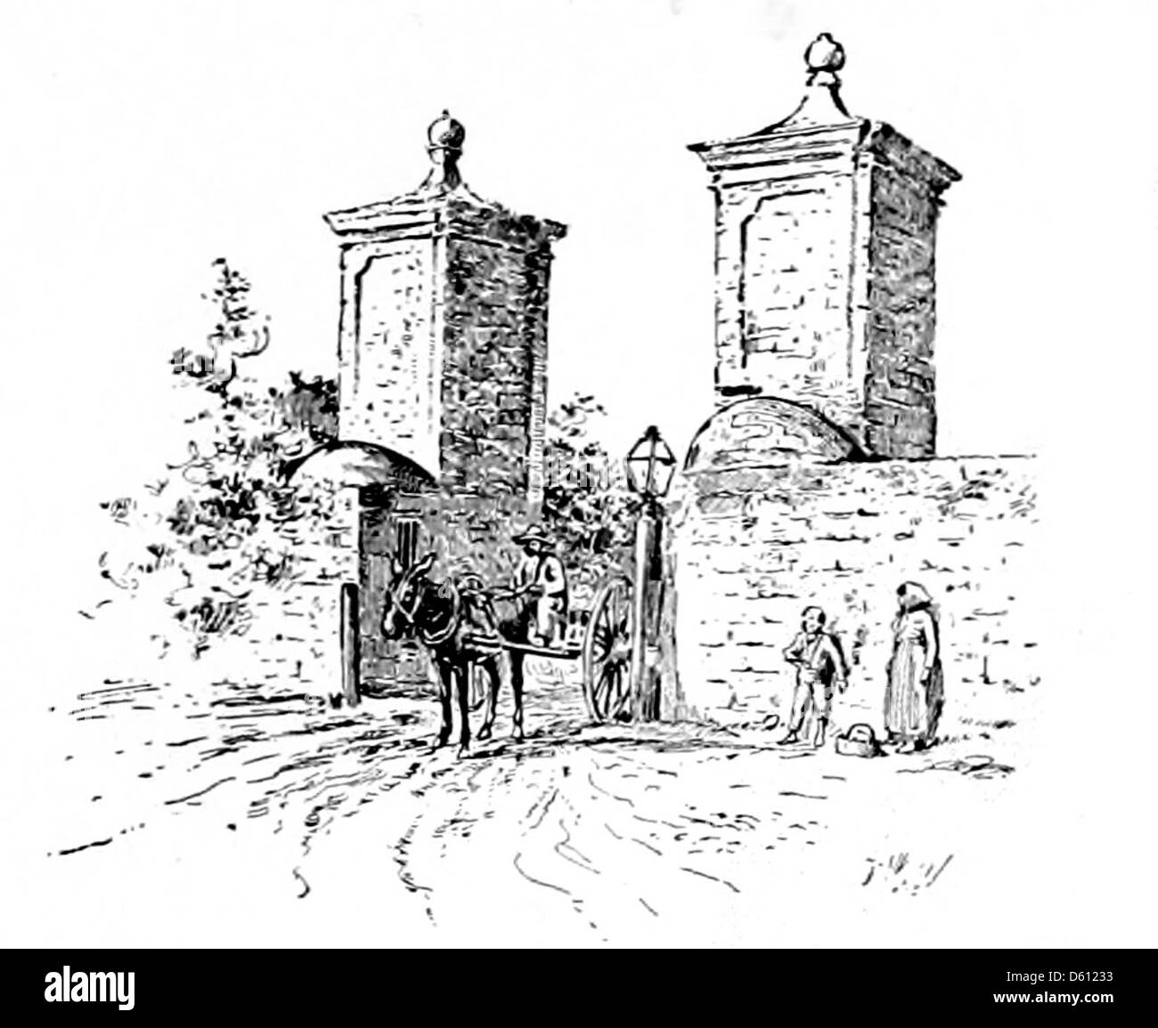 Dieses Bild aus dem Jahr 1890 aus dem „A Handbook of the South“ zeigt ein Tor und eine Laternenpfahl, wahrscheinlich aus dem Süden der Vereinigten Staaten, und hebt architektonische Merkmale hervor, die in dieser Zeit in der Region üblich waren. Stockfoto