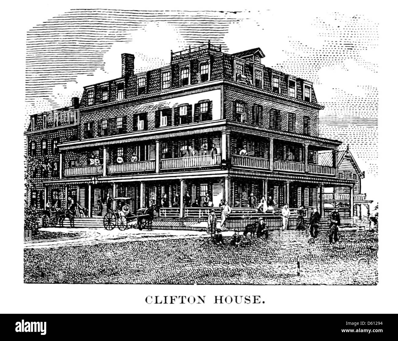 Eine Illustration aus dem Jahr 1881 über Marblehead, Massachusetts, mit dem Clifton House. Das Bild hebt die historische Architektur der Gegend hervor, mit einem Schwerpunkt auf diesem prominenten lokalen Wahrzeichen. Stockfoto