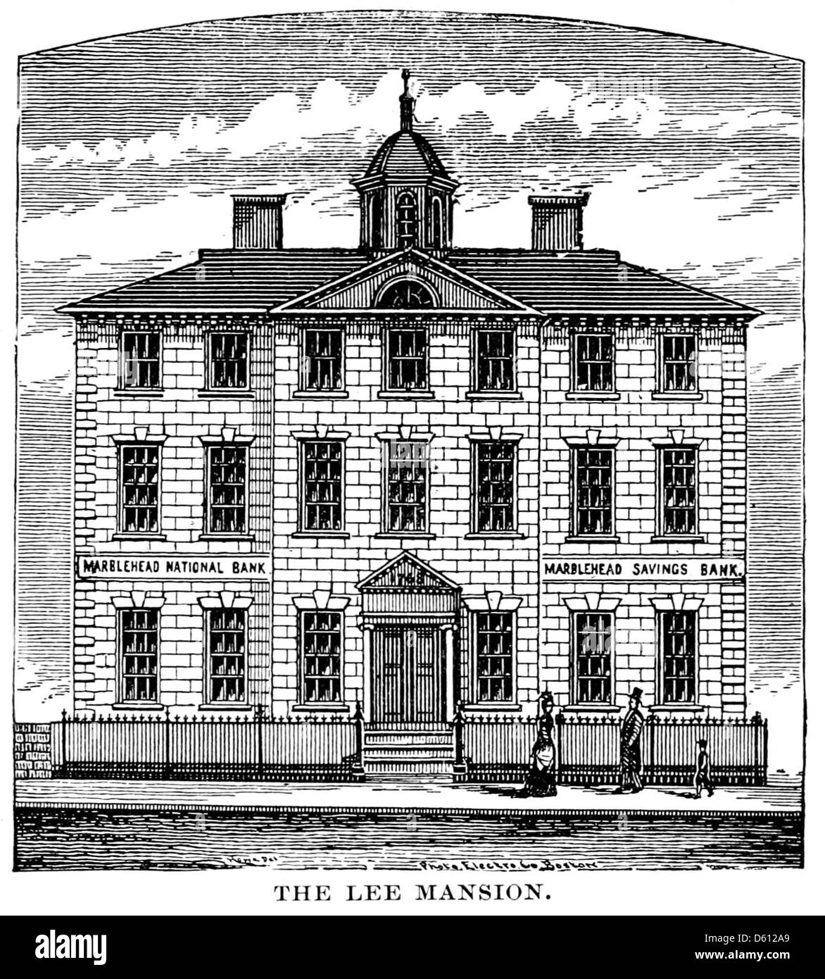 Eine Illustration aus dem Jahr 1881 aus „A Guide to Marblehead“, die das Lee Mansion in Marblehead, Massachusetts, zeigt. Das Bild zeigt die historische Architektur des Herrenhauses, die eine bedeutende Rolle in der Geschichte und dem Erbe der Stadt spielte. Stockfoto