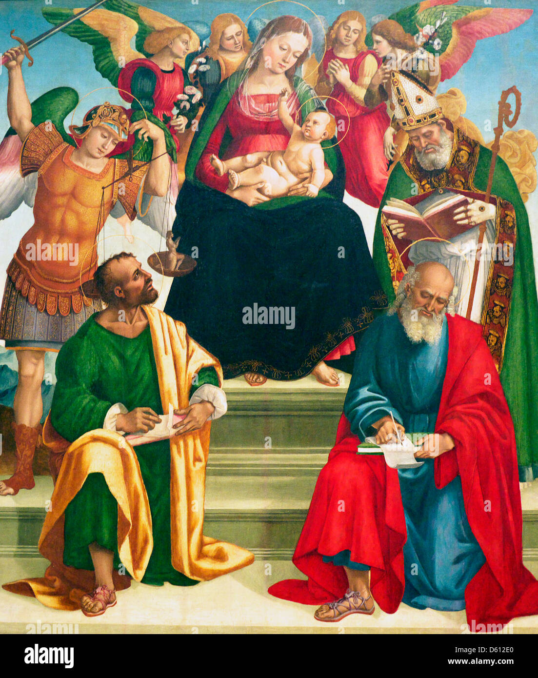Madonna und Kind mit Heiligen und Engeln von Luca Signorelli Stockfoto