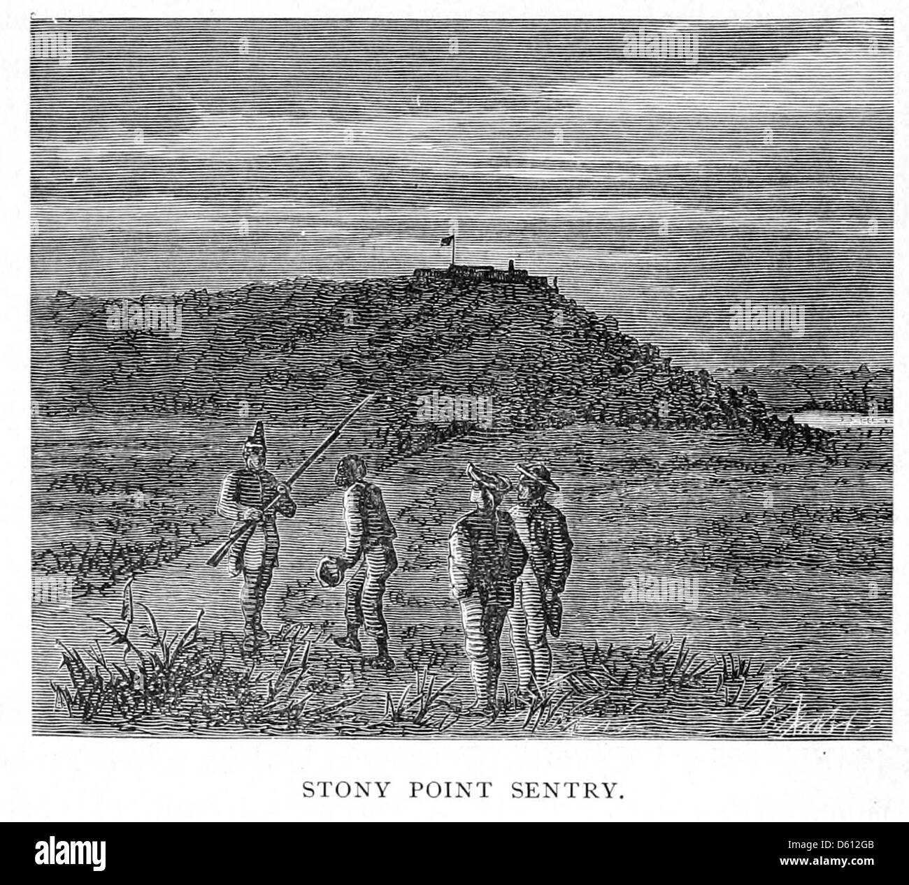 Eine Illustration aus dem Jahr 1881 aus „A Gallop among American Scenery“, die einen Wächter in Stony Point während einer militärischen Begegnung darstellt. Das Bild erfasst die militärische Bedeutung von Stony Point, der während des Amerikanischen Unabhängigkeitskrieges ein zentraler Ort war. Stockfoto