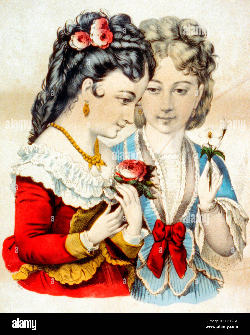 Rose und Lilie, farbige Hand Lithographie um 1900 Stockfoto