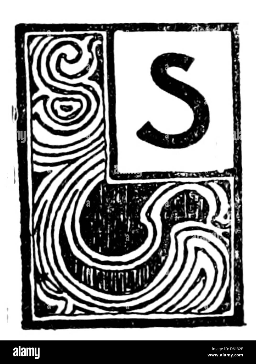 Dieses Bild aus dem Jahr 1900 zeigt eine dekorative Fallkappe mit Wirbel-Design, die häufig in frühen gedruckten Büchern verwendet wird. Das kunstvolle Design spiegelt den künstlerischen Stil dieser Zeit wider und betont Typografie und Illustration in historischen Publikationen. Stockfoto