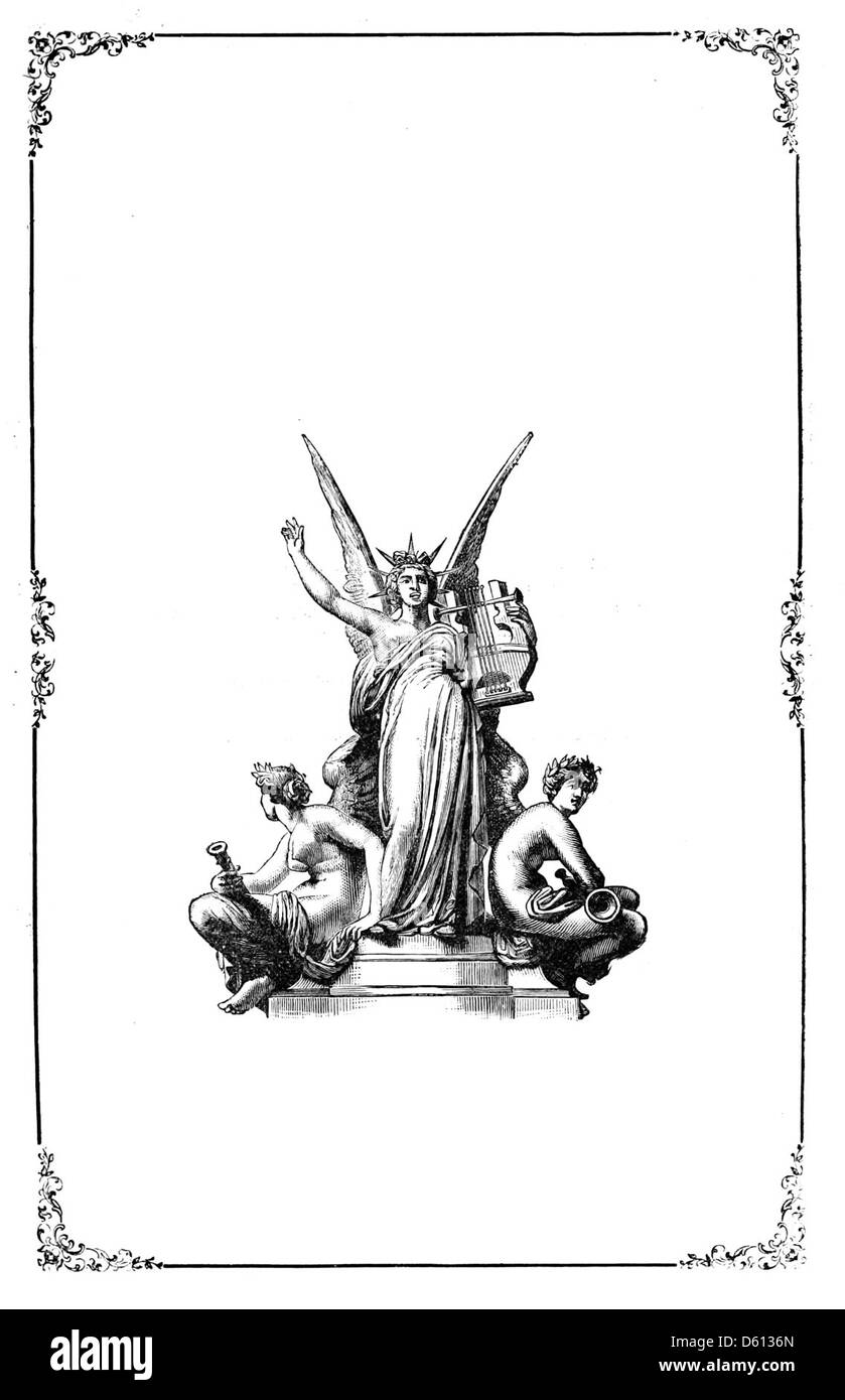 Dieses Bild aus „A Festival of Song“ (1876) zeigt einen Engel, der eine Leier hält, umgeben von einer dekorativen Grenze, die die poetischen und musikalischen Themen des Festivals symbolisiert. Stockfoto