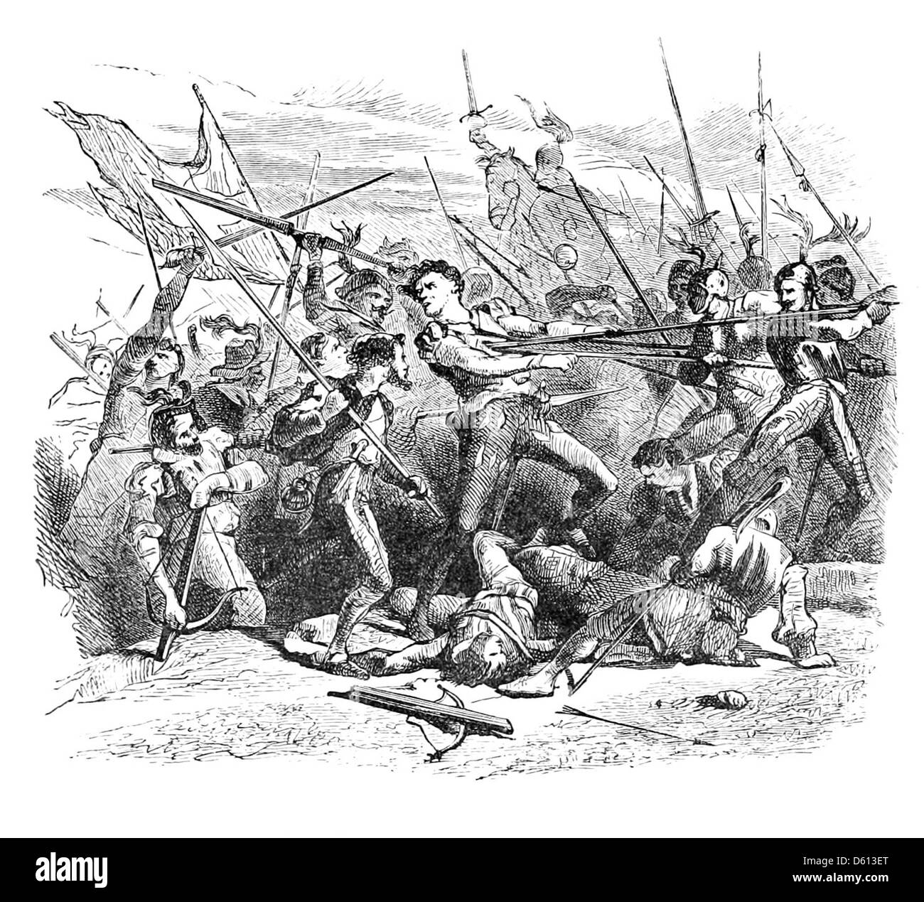 Dieses Bild von 1876 begleitet eine Reihe von Veranstaltungen, bei denen die größten Dichter der englischen Sprache gefeiert werden. Das Bild evoziert das Thema der Schlachten und symbolisiert möglicherweise die intellektuellen Kämpfe und poetischen Errungenschaften der dargestellten literarischen Figuren. Stockfoto