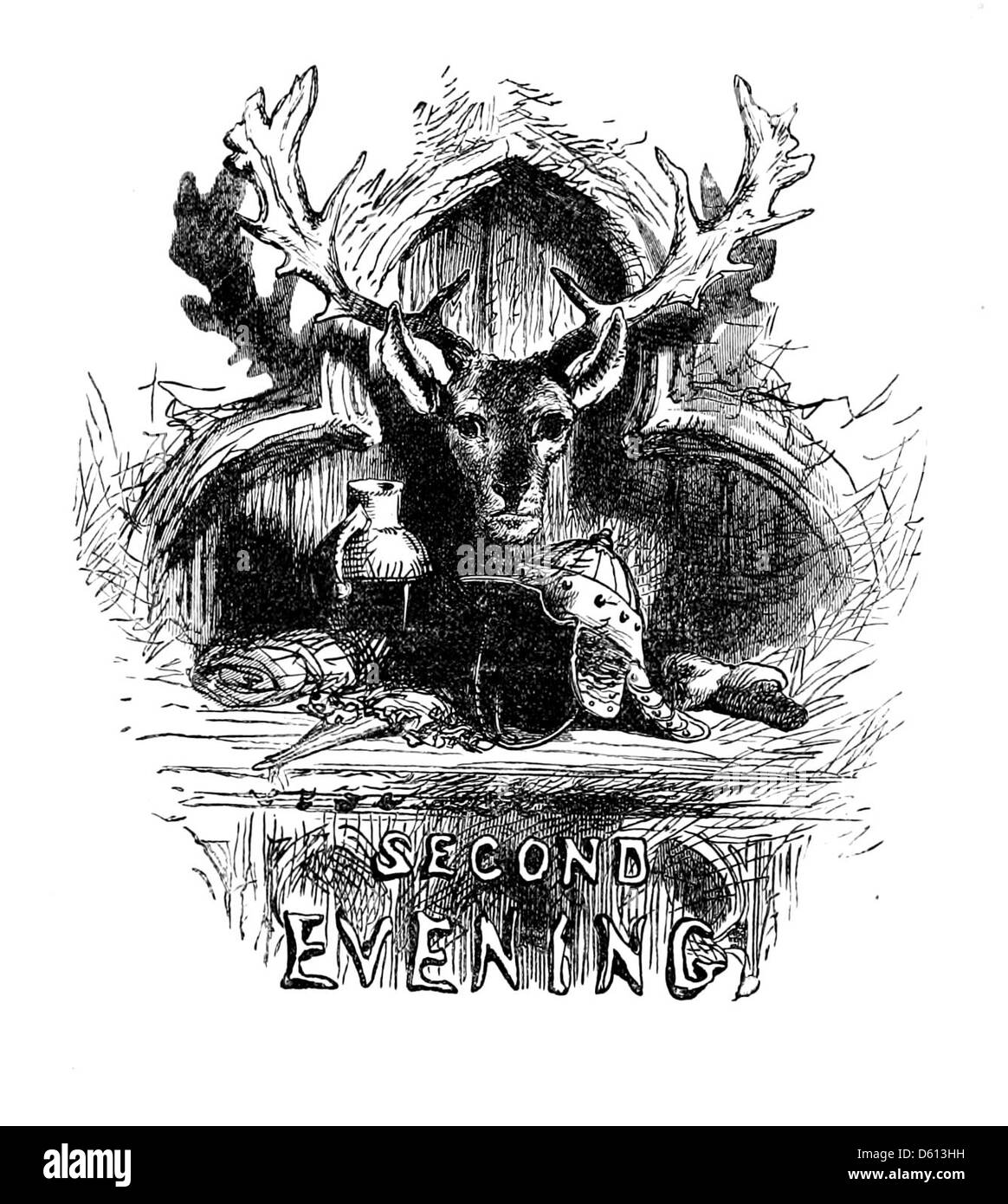 Dieses Bild aus der 1876 erschienenen Publikation „A Festival of Song“ enthält eine Darstellung einer Hirschtrophäe, die das literarische Thema mit visuellen Elementen der Kultur und Tradition dieser Zeit verbindet. Stockfoto