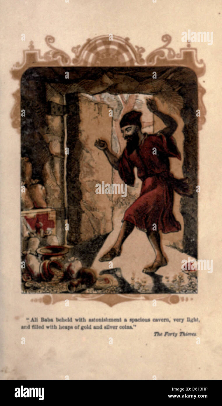 Eine 1861 erschienene Ausgabe von „Lieblings-Märchen“ mit klassischen Geschichten wie „Ali Baba und die vierzig Diebe“. Die Sammlung präsentiert zeitlose Geschichten aus der Folklore, wobei Illustrationen die Erzählung verstärken. Stockfoto