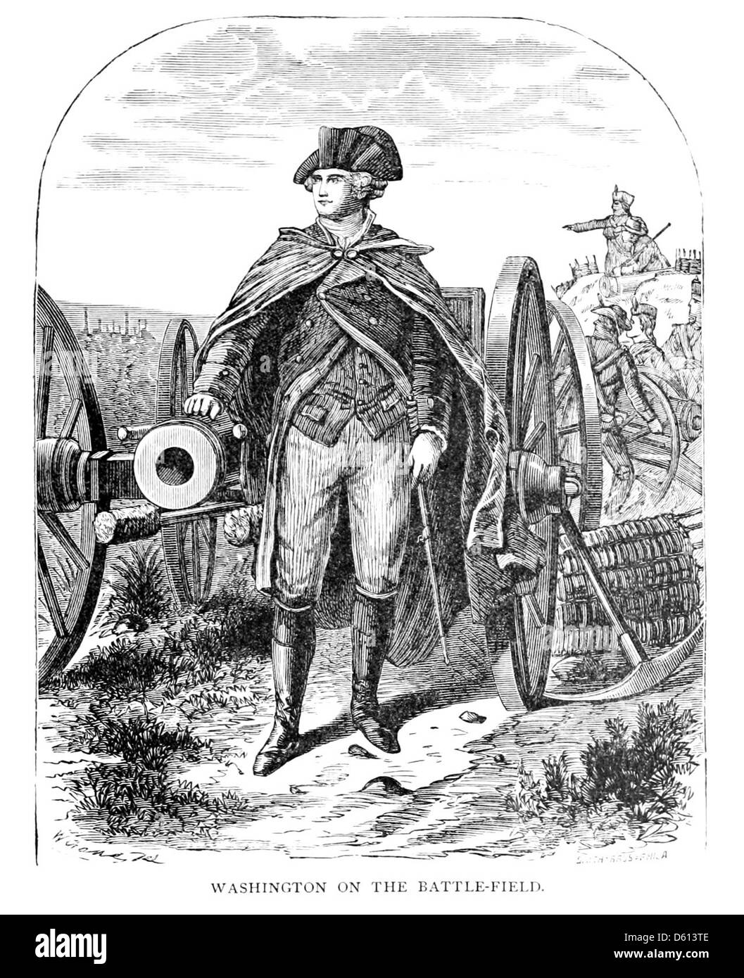 Dieses Bild aus dem Jahr 1884 zeigt einen Familienflug um ihr Zuhause und symbolisiert möglicherweise eine malerische oder figurative Reise. Die Verbindung zu George Washington deutet darauf hin, dass es ein historisches oder patriotisches Thema sein könnte, das amerikanische ideale widerspiegelt. Stockfoto