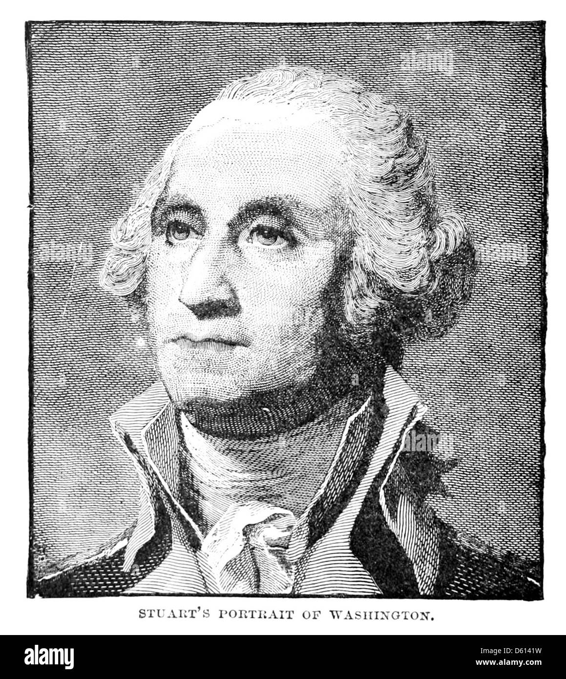 Eine Illustration aus dem Jahr 1884 aus „A Family Flight Around Home“ mit einem Porträt von George Washington. Das Bild ist eine Darstellung des ersten Präsidenten der Vereinigten Staaten, der seine historische Bedeutung einnimmt. Stockfoto