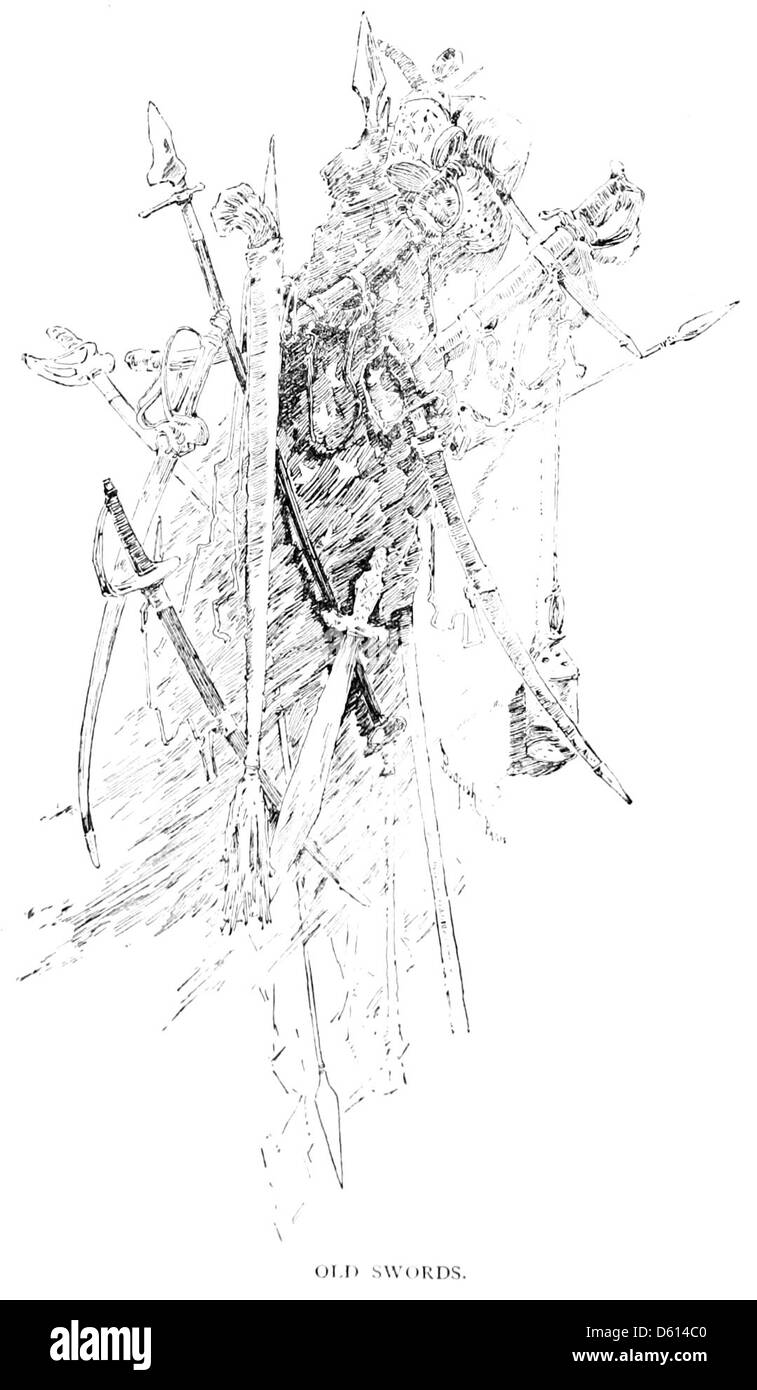 Eine Illustration aus dem Jahr 1884, die einen Familienflug um ihr Zuhause zeigt, mit einem Fokus auf alte Schwerter, die möglicherweise eine historische oder familiäre Sammlung von Reliquien oder Antiquitäten reflektieren. Stockfoto