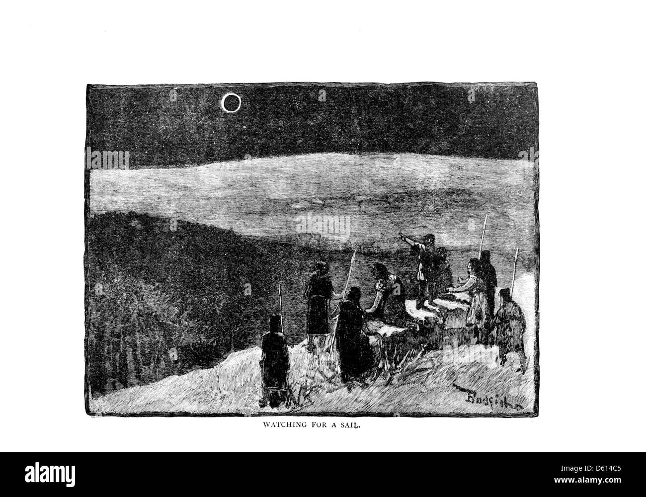 Dieses Bild zeigt eine Familie, die einen Flug um ihr Zuhause macht und einen Einblick in die frühe Luftfahrt und die Freude am Flug während des späten 19. Jahrhunderts bietet. Stockfoto