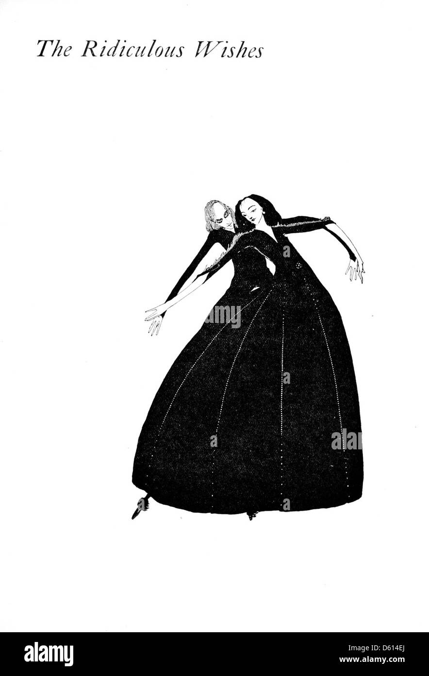 Diese Ausgabe von 1922 von „die Märchen von Charles Perrault“ enthält eine Illustration für die Geschichte von „lächerlichen Wünschen“, die die skurrilen und fantastischen Elemente der Geschichte durch die einzigartige Kunst von Harry Clarke einfängt. Stockfoto