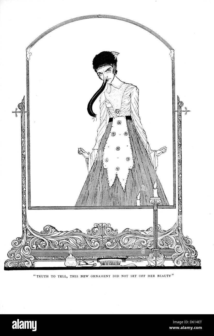 Eine Illustration aus „The Fairy Tales of Charles Perrault“ (1922), die die Geschichte von „lächerlichen Wünschen“ zeigt und die skurrile und fantastische Natur von Perraults Erzählung veranschaulicht. Stockfoto