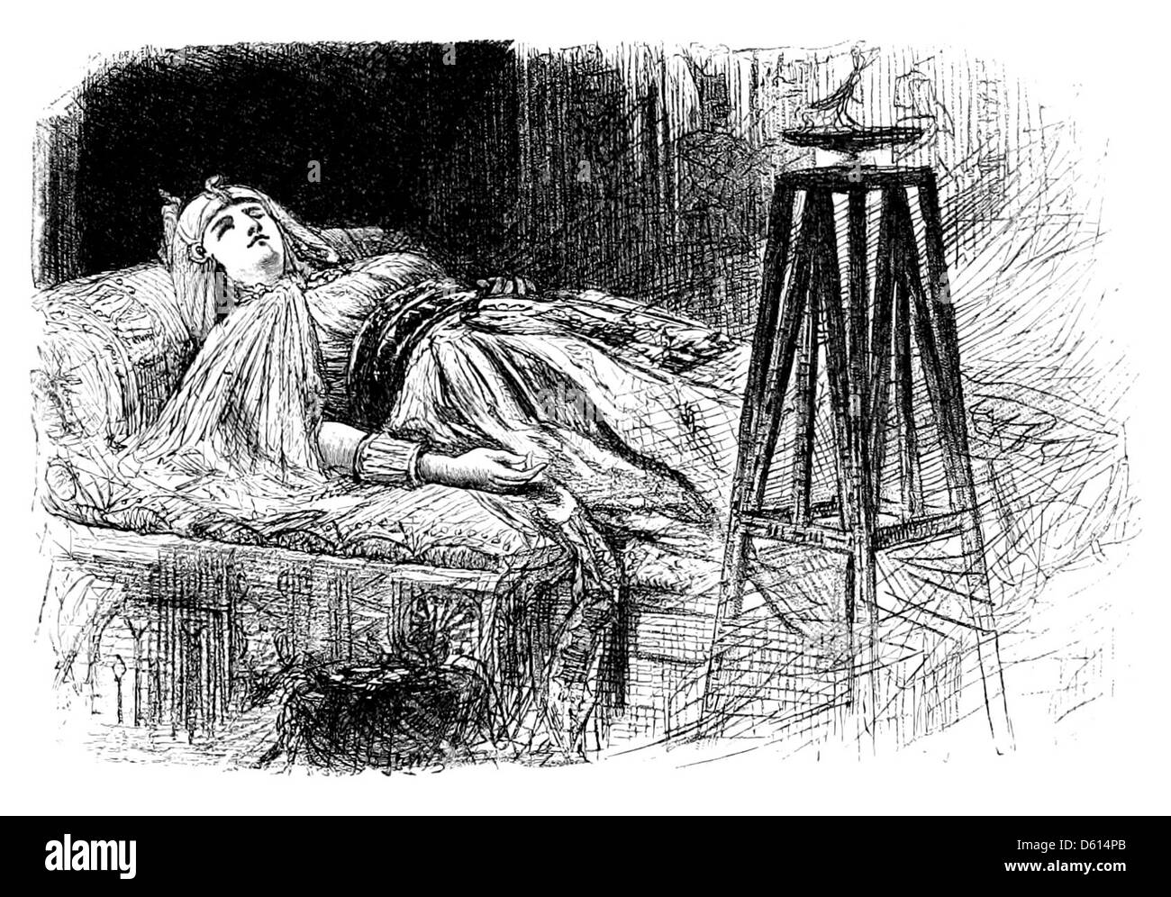 Eine Illustration aus dem Jahr 1880 mit dem Titel „A Dream of Fair Women“, die eine ruhige und traumhafte Szene darstellt, in der weibliche Figuren idealisierte Schönheit und Eleganz repräsentieren. Das Bild spiegelt viktorianische ideale von Weiblichkeit und Schönheit wider. Stockfoto