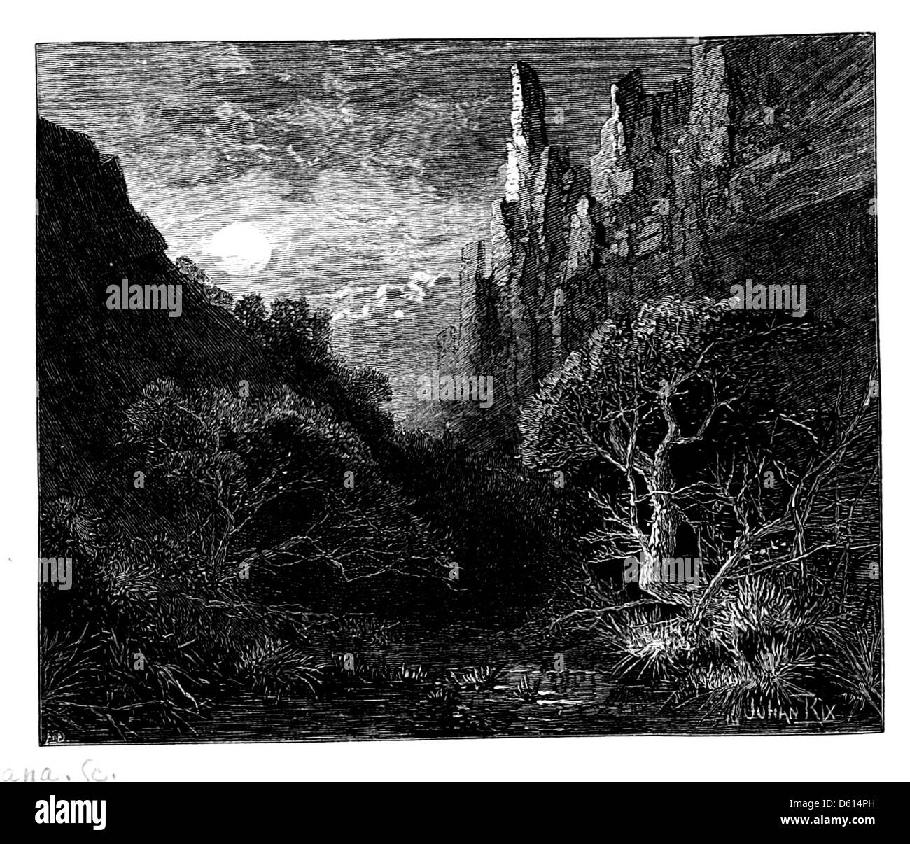 Diese Illustration aus dem Jahr 1880 aus „A Dream of Fair Women“ zeigt eine romantische oder mythische Szene. Das Bild ergänzt das Thema des Gedichts, das sich um die Idealisierung der Frauen in der viktorianischen Poesie dreht. Stockfoto