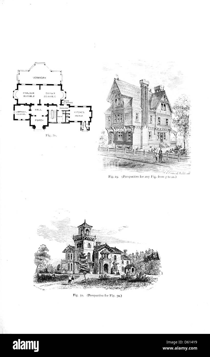 Eine Illustration aus dem Jahr 1878 aus „A Domestic Cyclopædia of Practical Information“ mit detaillierten Grundrissen von Häusern. Stockfoto