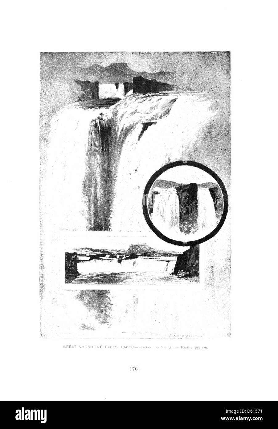 Dieses Bild aus dem Jahr 1891 zeigt die Great Shoshone Falls in Idaho, bekannt als „Niagara des Westens“. Der Wasserfall war ein beliebtes Touristenziel, das über die Union Pacific Railroad erreichbar war. Stockfoto