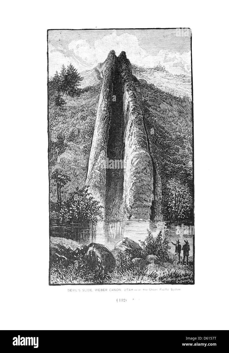 Dieses Bild aus dem Jahr 1891 zeigt die Devil’s Slide im Weber Canyon, Utah, ein bemerkenswertes Naturdenkmal entlang des Union Pacific Eisenbahnsystems, bekannt für seine landschaftliche Schönheit und als Gesundheitsziel. Stockfoto