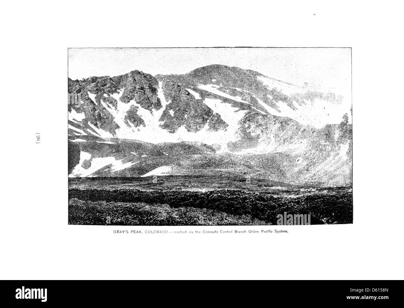 Eine Illustration aus dem Jahr 1891, die westliche Resorts beschreibt, die von der Union Pacific Railroad zugänglich sind und sich auf den Gray's Peak in Colorado konzentriert. Das Bild zeigt die landschaftliche Schönheit und die natürlichen Attraktionen der Region und betont den Gesundheits- und Freizeittourismus. Stockfoto