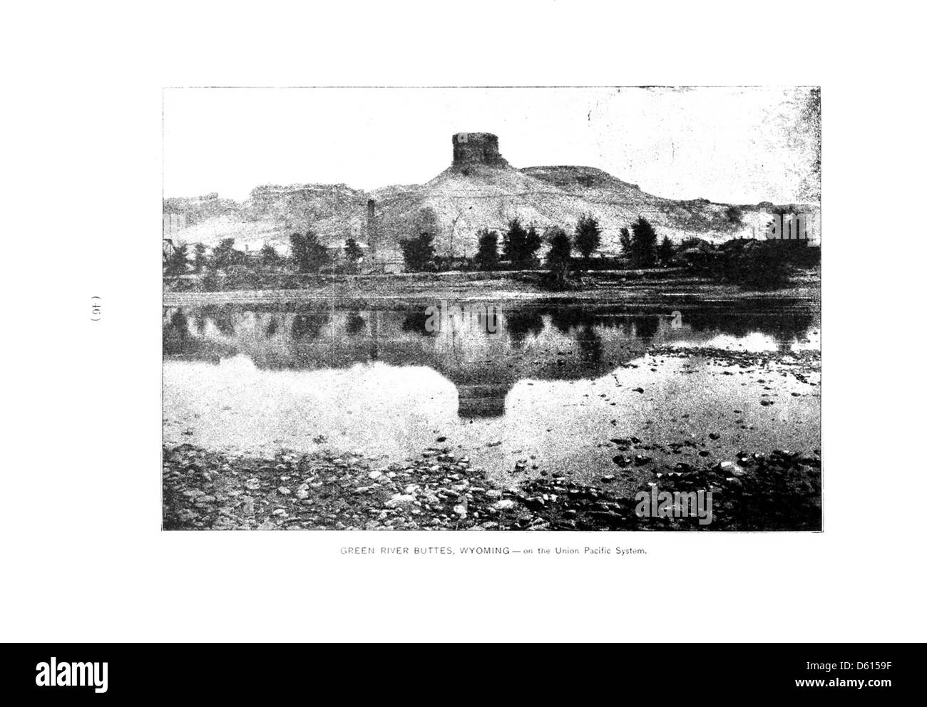 Dieses Werbebild aus dem Jahr 1891 zeigt die landschaftliche Schönheit des Green River Buttes in Wyoming, der über die Union Pacific Railroad zugänglich ist. Es war Teil einer Kampagne zur Förderung westlicher Resorts für Tourismus, Gesundheit und Entspannung während des späten 19. Jahrhunderts. Stockfoto