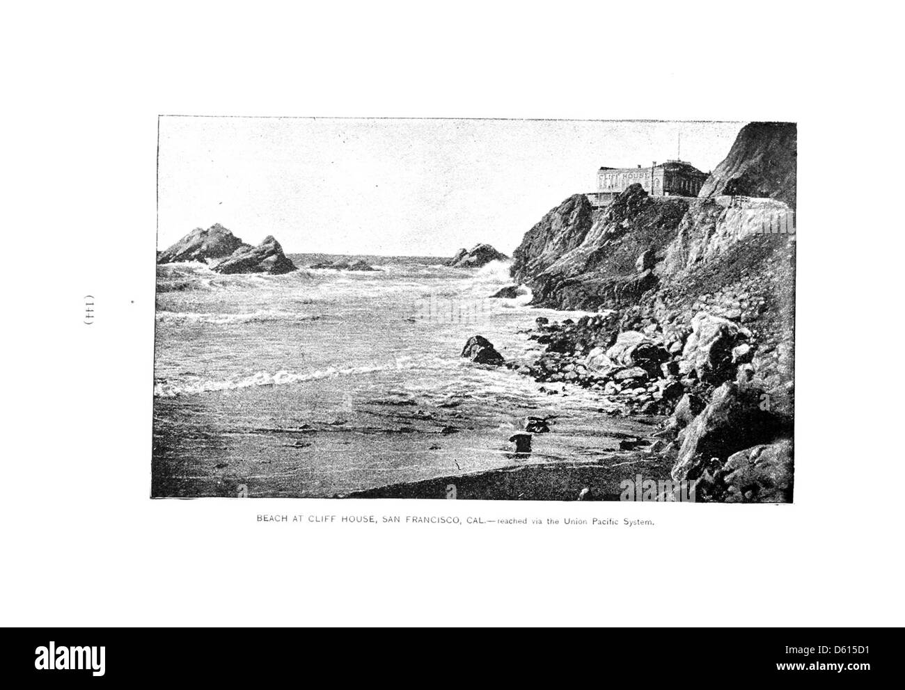 Dieses Bild aus dem Jahr 1891 zeigt das Cliff House in San Francisco, ein beliebtes Urlaubsziel in Kalifornien, und unterstreicht die Rolle der Union Pacific Railroad bei der Verbindung von Gesundheits- und Freizeitresorts im Westen. Stockfoto