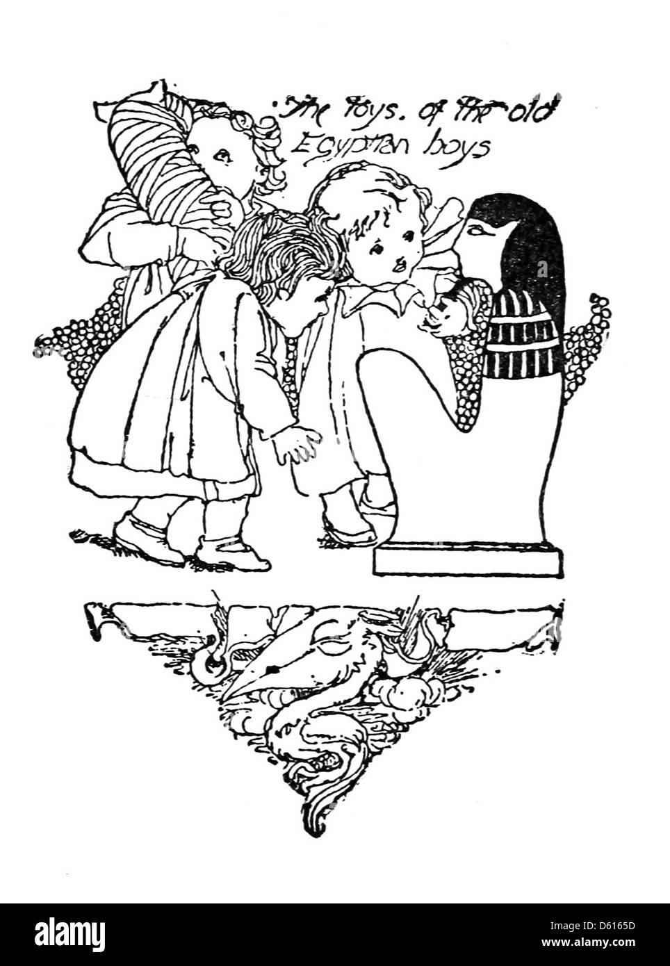 Eine Illustration aus der 1901 erschienenen Ausgabe von „Garten der Verse für Kinder“ mit ägyptisch inspiriertem Spielzeug, das historische Kultur mit spielerischem Design in Kinderkunst verbindet. Stockfoto