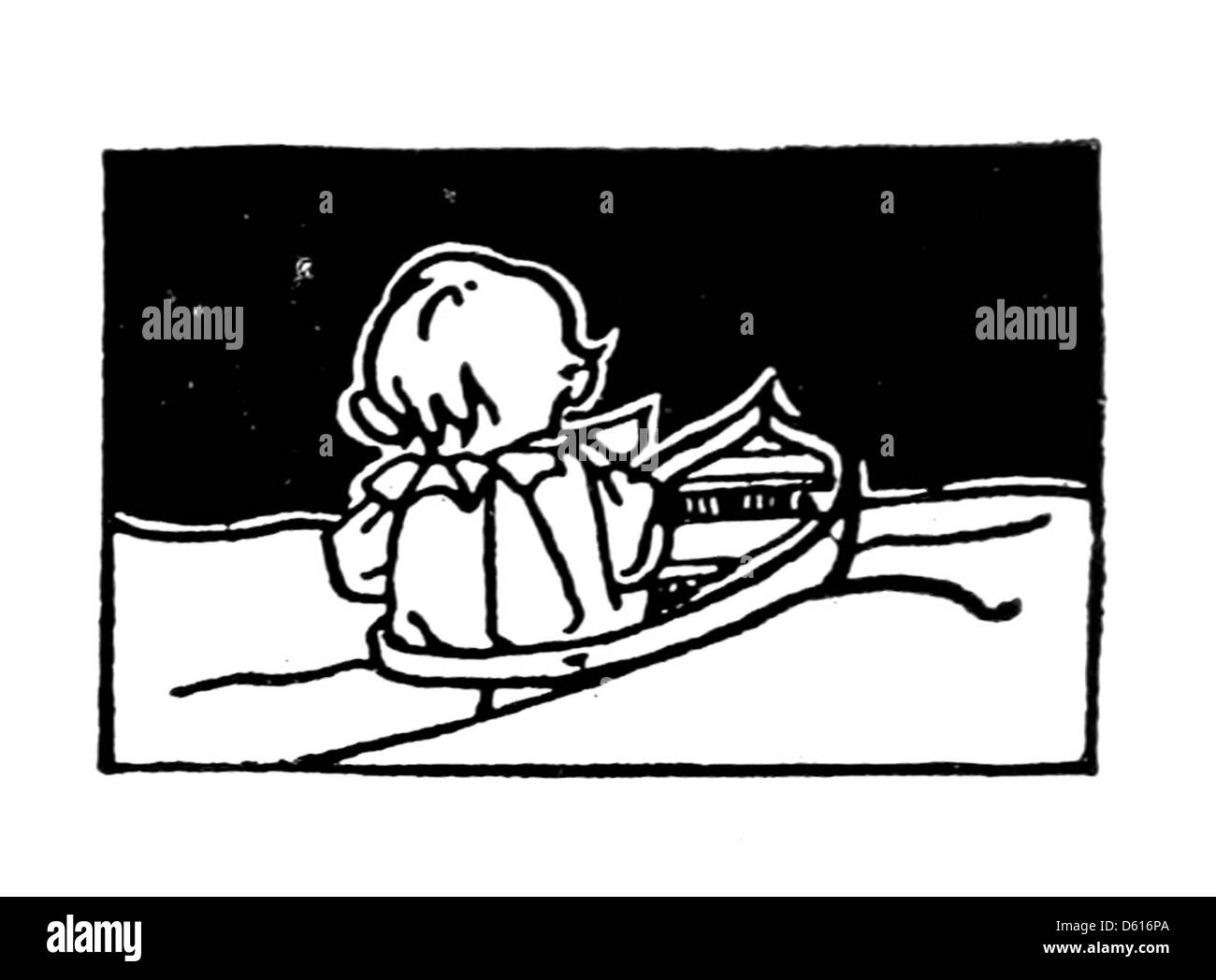 Eine Illustration aus der Ausgabe von 1913 von „Garten der Verse für Kinder“ mit einem Ruderboot auf einem friedlichen Gewässer. Dies fängt die Unschuld und Einfachheit der Kindheitserfahrung ein, die im Gedicht vermittelt wird. Stockfoto