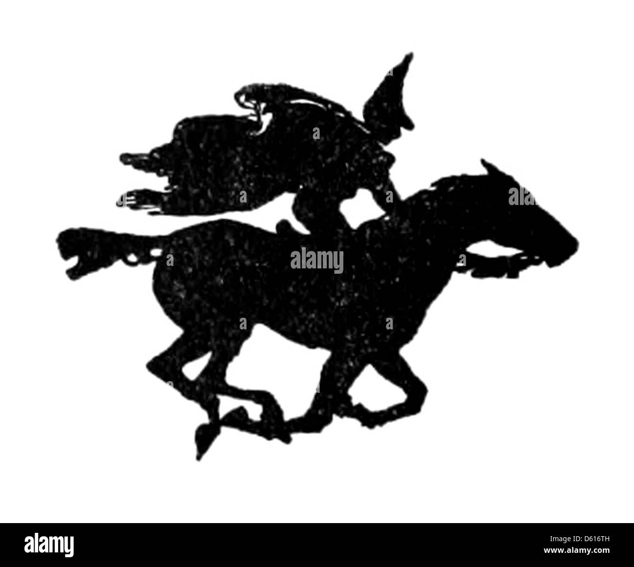 Eine Illustration aus „Garten der Verse“ (1905), die eine fröhliche Szene von Kindern zeigt, die auf dem Pferd galoppieren. Das Bild fängt die spielerische, sorglose Natur der Kindheit ein, wie sie in Robert Louis Stevensons Gedichtsammlung zum Ausdruck kommt. Stockfoto