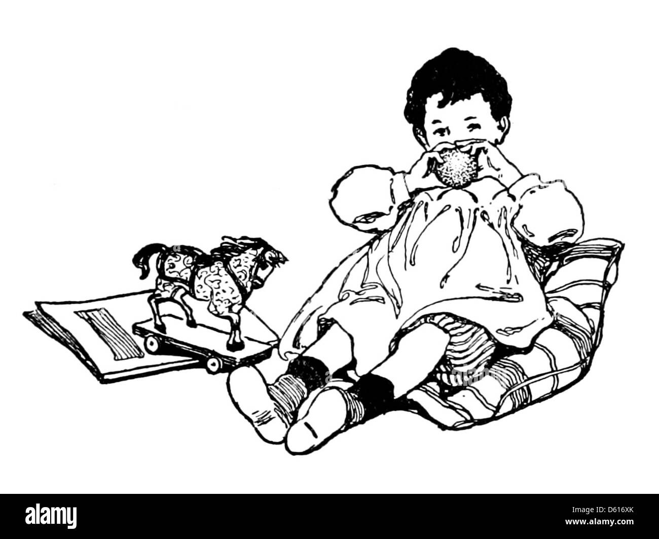 Eine Illustration aus „Garten der Verse“ (1905), die eine fantasievolle Szene der spielerischen Kinderfantasien darstellt. Das Bild verkörpert das Wesen der Kindheitsunschuld und die traumhafte Welt, die in der Poesie festgehalten wird. Stockfoto