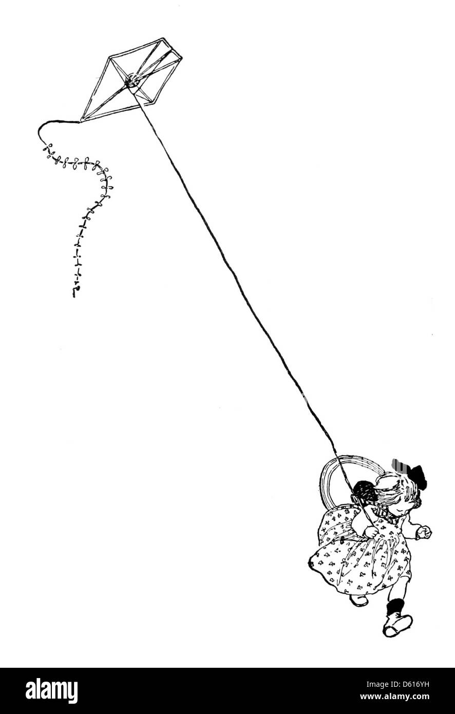 Dieses Bild zeigt ein Kind, das einen Drachen fliegt und den Geist des Kinderspiels und der Fantasie weckt. Die Szene ist lebendig und fängt die Freude und Freiheit ein, die mit Outdoor-Aktivitäten verbunden sind. Das Bild basiert auf dem 1905 erschienenen Buch von Robert Louis Stevenson „A Child's Garden of Strophe“. Stockfoto