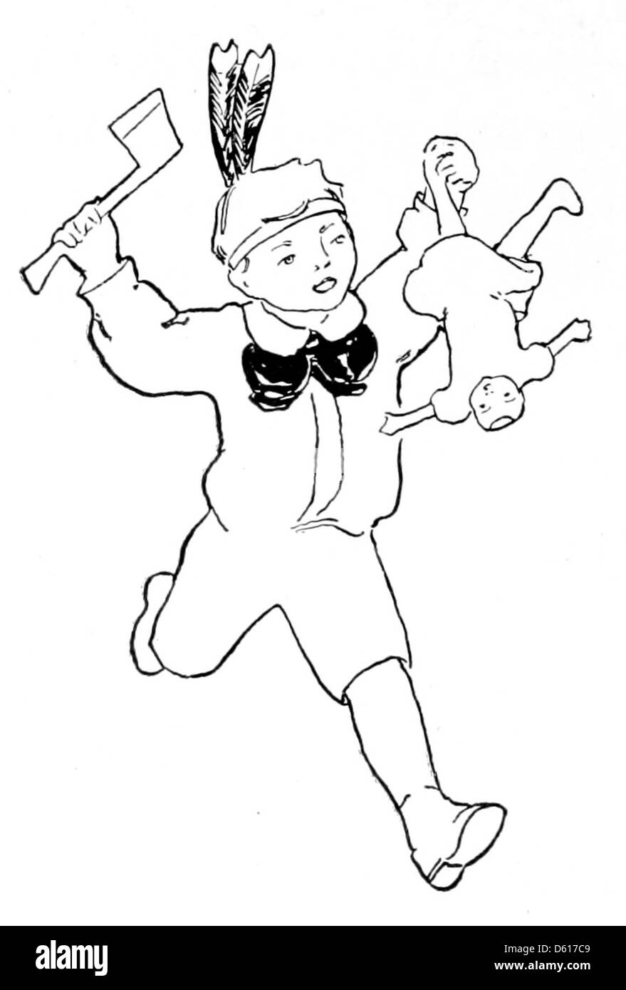 Dieses Bild zeigt eine Illustration aus der Ausgabe von Robert Louis Stevensons „A Child's Garden of Verses“ aus dem Jahr 1908, einer Sammlung von Gedichten für Kinder, die skurrile, naturbelassene Verse hervorheben. Stockfoto