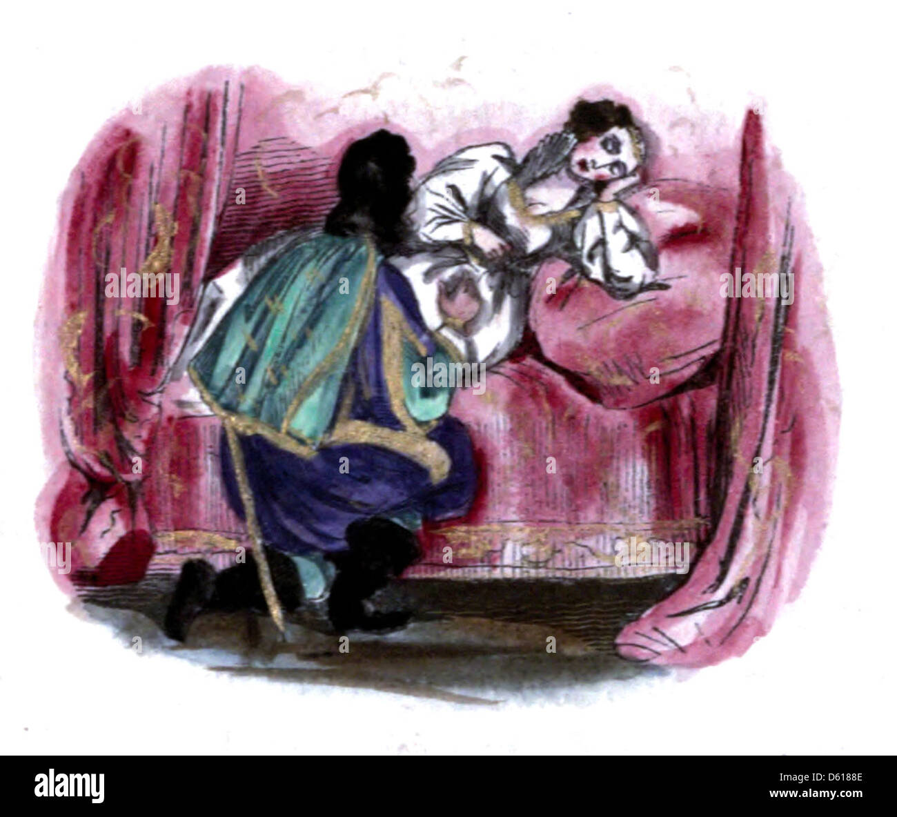 Diese Illustration aus der Kinderfee-Bibliothek zeigt das klassische Märchen „Dornröschen“. Das Bild fängt wahrscheinlich den Moment des Schlafes der Prinzessin oder die Ankunft des Prinzen ein und veranschaulicht die magischen Elemente der zeitlosen Geschichte. Stockfoto