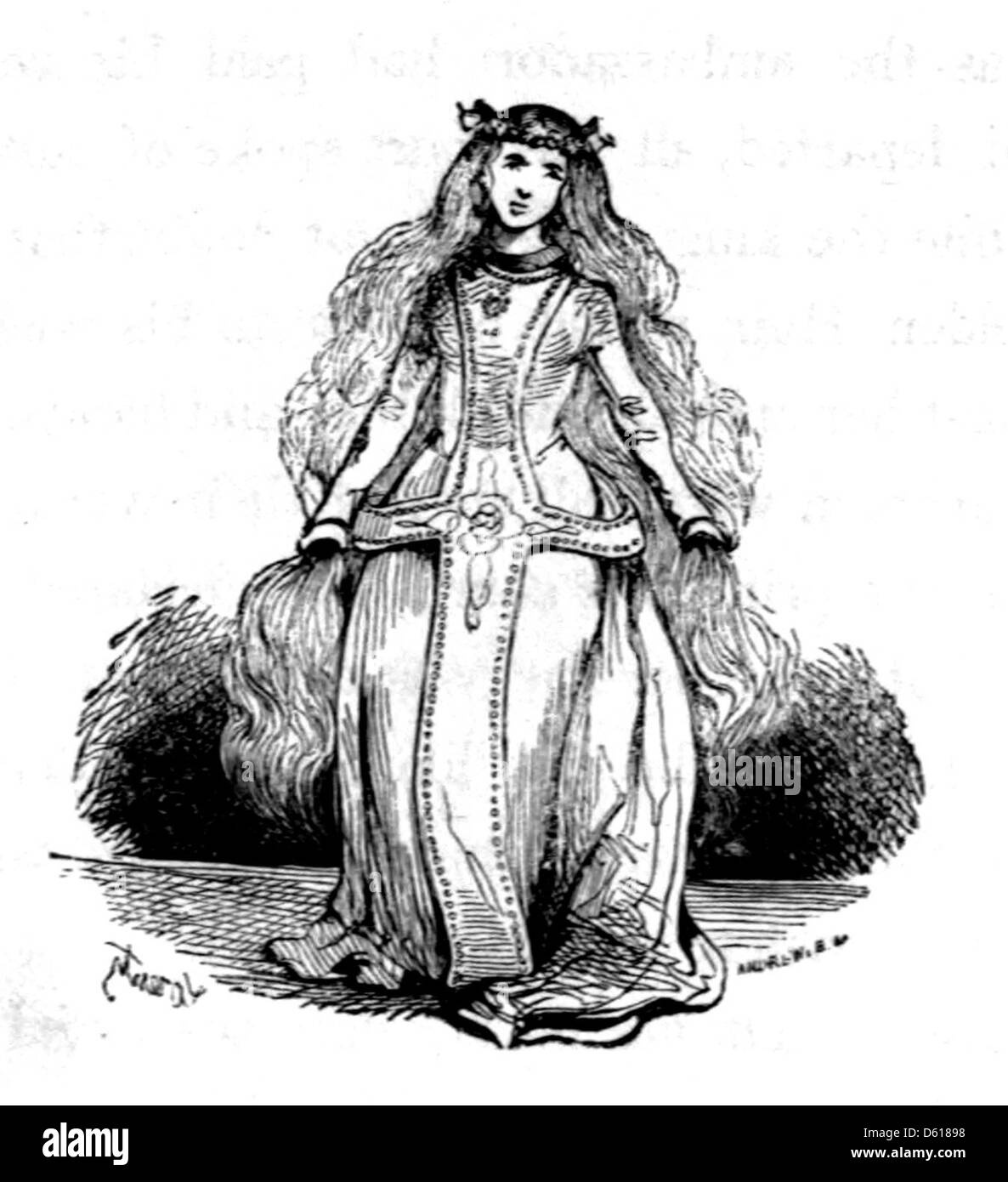 Dieses Bild aus der Kinderfee-Bibliothek (1837-38) zeigt eine Illustration einer Prinzessin, möglicherweise Teil eines größeren Märchens oder einer Geschichte. Das Bild spiegelt das Märchengenre wider, mit einem Fokus auf Fantasy- und königlichen Themen. Stockfoto