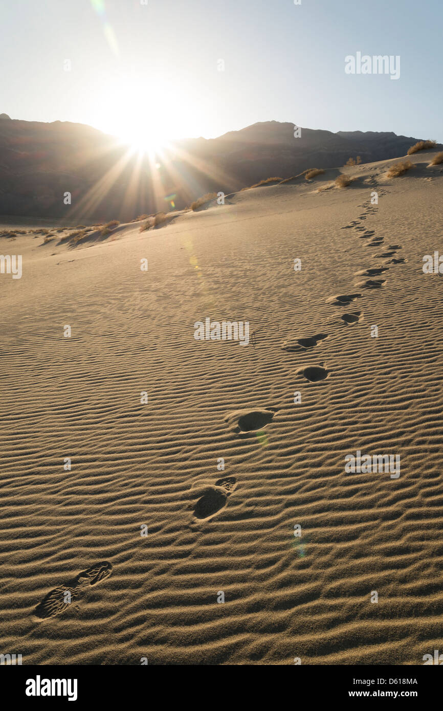 Fußspuren im Sand der Eureka Dünen im Death Valley National Park. Stockfoto