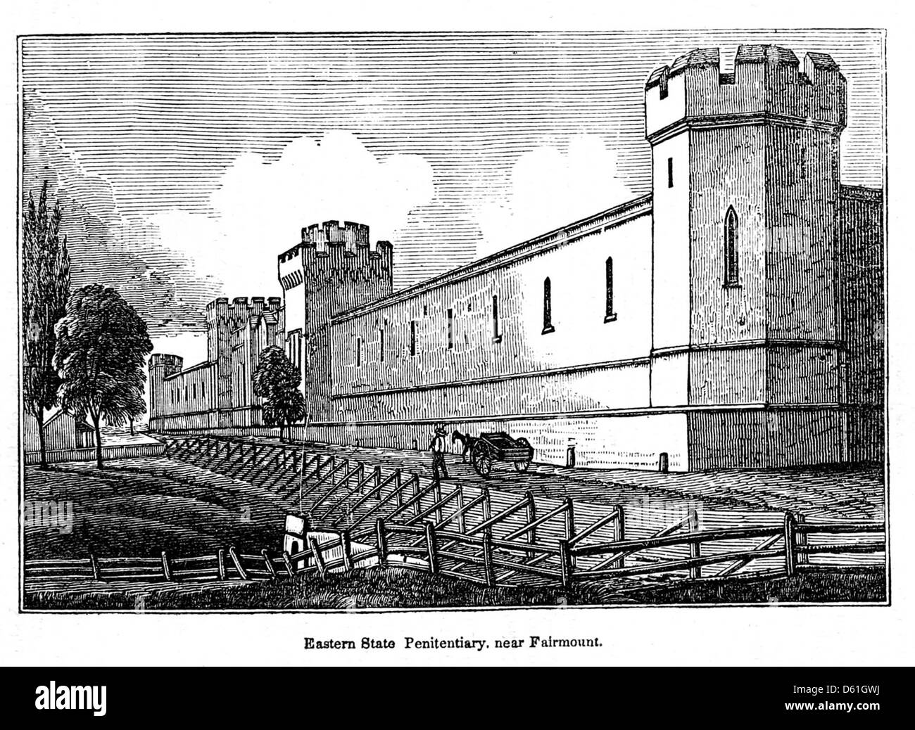 Eine Illustration aus „A Pictorial Description of the United States“ (1860), die das Eastern State Penitentiary in Philadelphia, Pennsylvania, darstellt. Das Bild zeigt die Struktur, die für ihre einzigartige Architektur und Geschichte als ehemaliges Gefängnis bekannt ist. Stockfoto