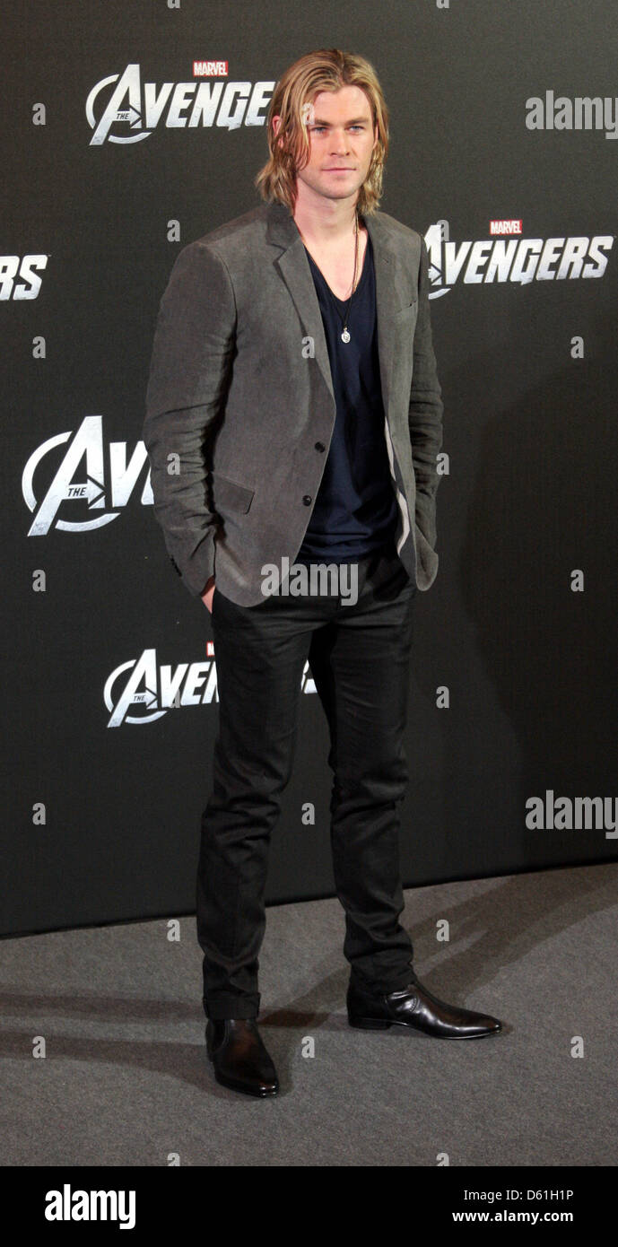 Australischer Schauspieler Chris Hemsworth posiert für die Kamera während der "Marvel's the Avengers" Photocall in Berlin, Deutschland, 23. April 2012. Der Film wird am 26. April 2012 in die deutschen Kinos ausgestrahlt werden. Foto: XAMAX Stockfoto