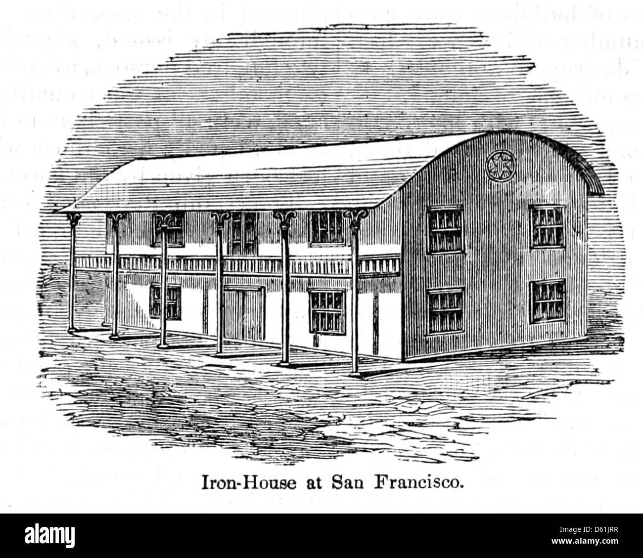 Eine Illustration aus dem Jahr 1860 aus „A Pictorial Description of the United States“, die Kaliforniens Eisenhaus in San Francisco zeigt. Dieses Bild zeigt die architektonische und historische Bedeutung des Bauwerks, ein Schlüsselmerkmal in Kaliforniens Entwicklung während der Ära des Goldrausches. Stockfoto